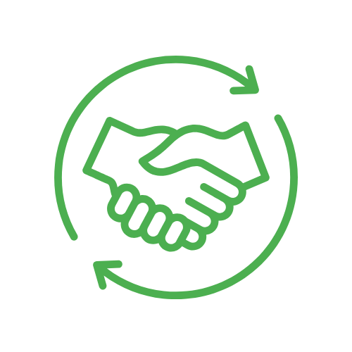 Green line icon of two hands shaking with circular arrows around them.