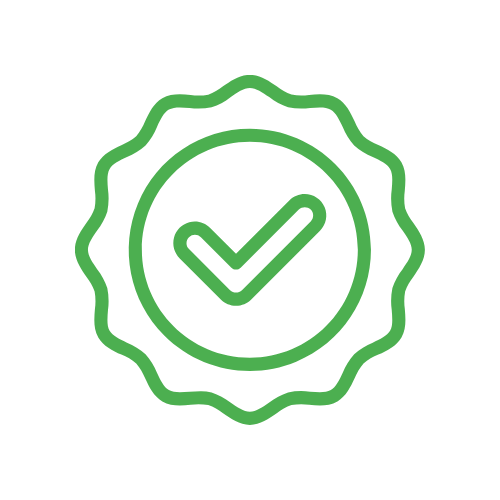 Green line icon of a badge with a checkmark inside.