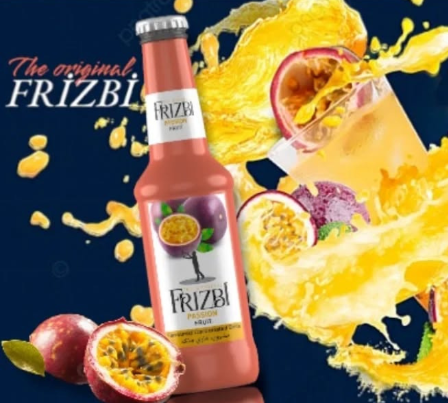 Frizbi passionfruit flavored soft drink bottle with passionfruit slices and yellow splash effects on a dark blue background.