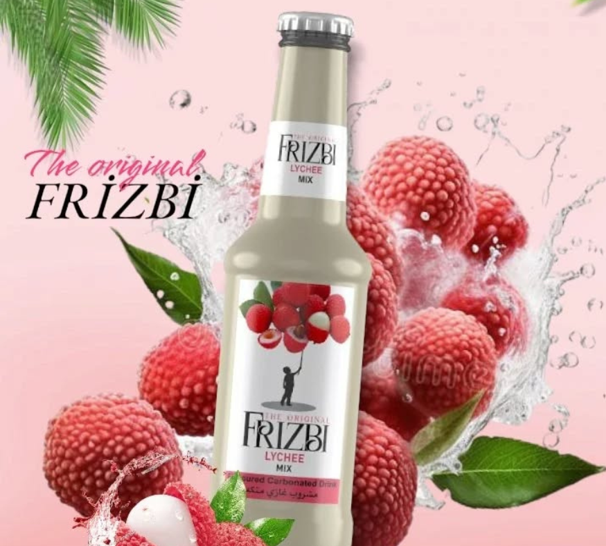 Frizbi raspberry flavored soft drink bottle with raspberries and splashing water on a light pink background.