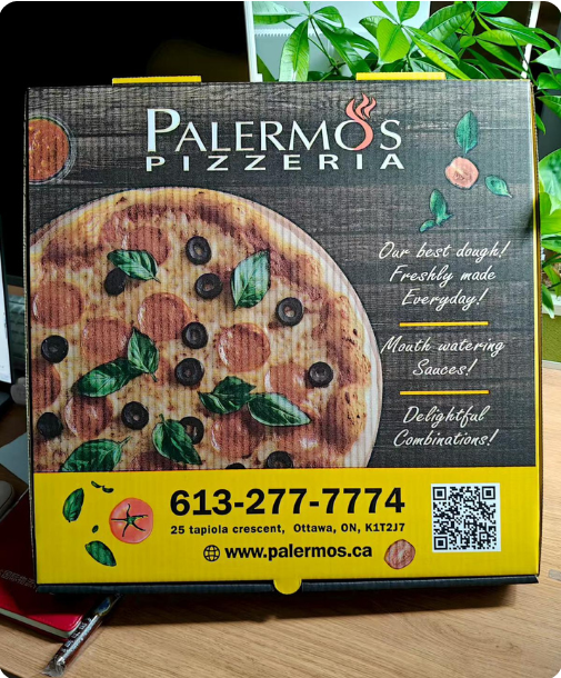 Foodeys custom pizza box featuring a pepperoni and olive pizza illustration.