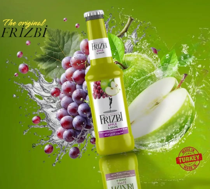 Frizbi apple and grape flavored soft drink bottle with green apples and grapes on a green background.