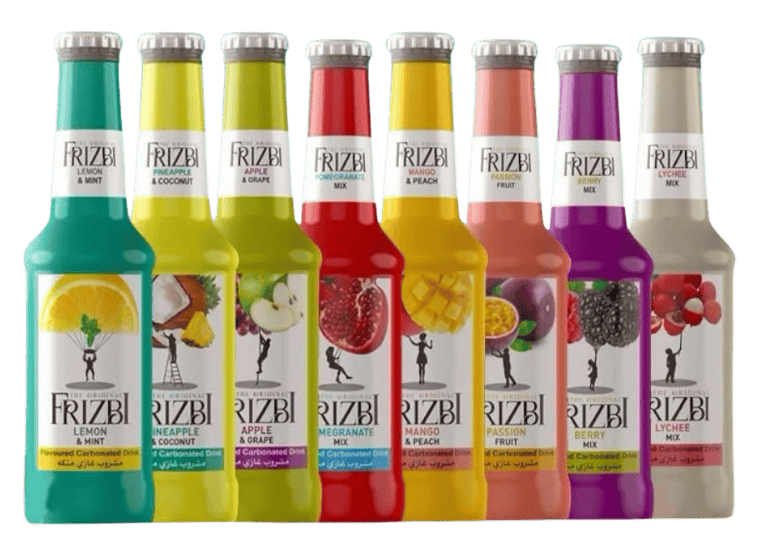 Row of colorful Frizbii soft drink bottles lined up together.