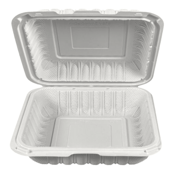 White hinged takeout food container displayed on a clean background.