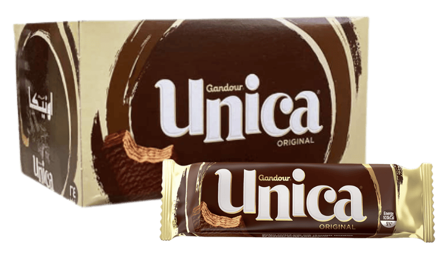 Box and wrapped bar of Unica chocolate wafer snack.